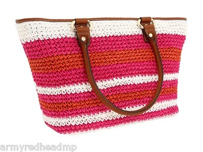 DKNY Pink Orange Straw Brown Leather Large Resort Beach Shopper Tote NWT  - Image 1 of 4