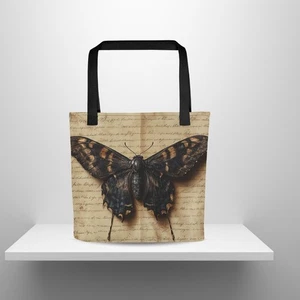 Gothic Butterfly Tote Bag Antique Script Dark Insect Pagan Wiccan Aesthetic - Picture 1 of 7