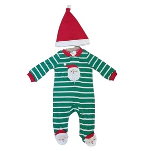 Carters Santa Pajamas + Hat Boys Sz NB 1 Pc Green Stripe Christmas Footie Sleep - Picture 1 of 7
