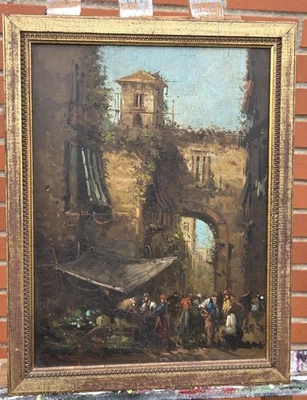 G. GARELLI.  Scène de Marché. Peinture huile sur panneau de bois.  XIXe XXe - Photo 1/4