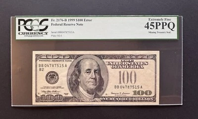 1999 USA BANKNOTE=$100 =ERROR=EXTREMELY FINE=MISSING TREASURY SEAL 45 PPQ#04293 - Image 1 of 4