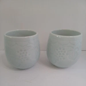 2 Celedon Teacup /Sake Embossed Leaves Grapes Signed - Picture 1 of 3
