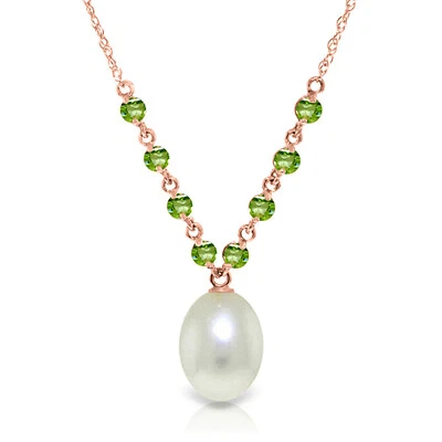 Brand New 14K Solid Rose gold 18" fine Necklace w genuine Peridots & pearl - Image 1 of 4