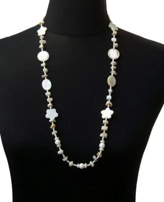 Halskette Boho echt Perlmutt Kette Blumen weiß 78-84cm lang Schmuck Hippie Z83 - Bild 1 von 2