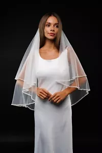 bridal veil 1 Tier Beaded edge Pearls Veil Elegant Fingertip Veil - Picture 1 of 4