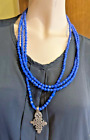 Vintag 3Strand Lapis Blue Color Textured Plastic Beads Coptic Cross Necklace De9