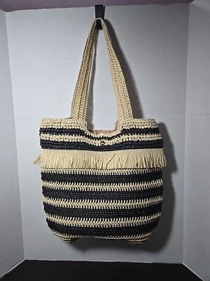 Woven Stripe Straw Tote Bag with Fringe Natural/Black Stripe 16 x 16 - Image 1 of 4