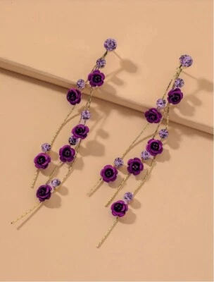 Womens Long Purple Rhinestone Rose Dangle Drop Decor Tassel Gold Metal Earrings - Image 1 of 4