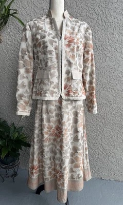 Coldwater Creek льняной смеси желтовато-коричневый вышивка костюм куртка Sz 14 юбка Sz 10-12 новый с Ярлыками - Изображение 1 из 4