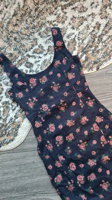 Navy Blue Denim Pink Floral Rose Print Mini Bodycon Dress 00s Primark Size 8 - Image 1 of 4