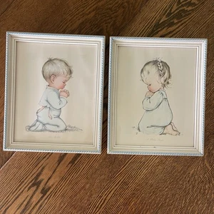 2 Vtg 9x11 Charlot Byi Framed Prints A Childs Prayer & Bless Us All Nursery Baby - Picture 1 of 14