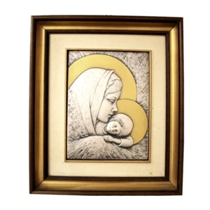 Grande Icône en Argent Et Cadre en Bois - Madonna Avec Enfant - Bild 1 von 1