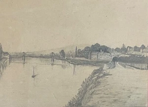 Confland El Puente Suspendido Dibujo Grafito De 1869 Monograma LR Francia - Imagen 1 de 8