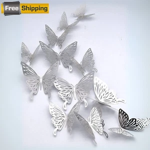3D Butterfly Stickers 12Pcs Set Silver Hollow Butterfly Wall Stickers Home Decor - Picture 1 of 3