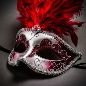 Silver Red Feather Women Female Party Eye Mask Masquerade Venetian Mardi Gras - Picture 1 of 5