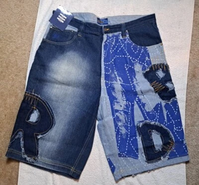 Vintage Raw Blue Nu Realms Jean Shorts Paint Patched Baggy Hip Hop Skate Y2K 38 - Image 1 of 4