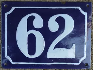 More details for large old blue french house number 62 door gate plate plaque enamel metal sign