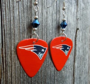 Patriots Mascot Red Guitar Pick Earrings with Metallic Blue Swarovski Crystals - Picture 1 of 3