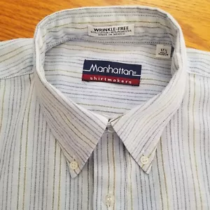 Camisa Manhattan Para Hombre 17.5 Azul Rayas Sin Arrugas Oxford Manga Corta - Imagen 1 de 8