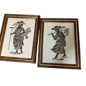 Pair of Vintage Cross Stitch Framed Pictures Ladies Gardening 10" x 7 3/4" - Picture 1 of 5