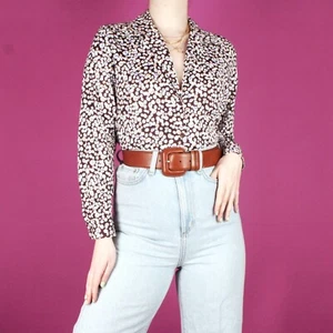 vintage 1970s retro pattern blouse shirt ditsy brown pattern top medium 12 14 - Picture 1 of 11