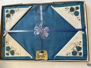 Vintage Kaiserin Tischset Set 8-teilig ganz reines Leinen 4 Matten 4 Servietten blau - Bild 1 von 10