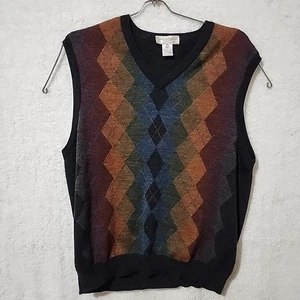 Tricots St.Raphael Men XL Pure New Wool MultiColor Argyle Vneck Pullover Sweater - Picture 1 of 5