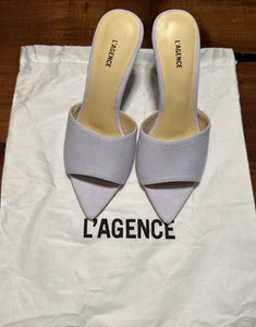 L'AGENCE Women’s Lilac Lolita Denim Suede Open Toe Heel Mules Heels Sz 6.5 - NEW - Picture 1 of 10