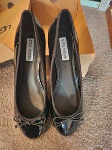 Steve Madden Black Patent Leather Cherish Bow Block Heel Slip On - Picture 1 of 6