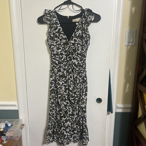 Abito donna smanicato Michael Kors verde oliva bianco e nero scollo a V taglia S