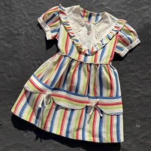 Vintage 1930s Rainbow Candy Strip Cotton Waffle Puff Sleeve Bow Day Dress - Picture 1 of 10