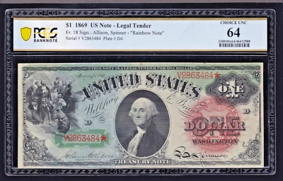 US 1869 $1 Washington Rainbow Legal Tender FR 18 PCGS 64 V Ch CU (484) Foto 1 de 2