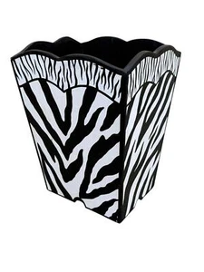 Zebra Animal Print Black and White Wood Trash Can Wastebasket - Picture 1 of 7