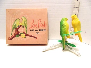 VTG Mid Century MCM Yellow Green Love Birds on Branch Salt Pepper Shakers Set OB - Picture 1 of 11