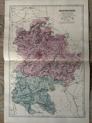 Mapa antiguo original coloreado a mano de Bedfordshire de 1885 de G.W. Tocino Foto 1 de 3