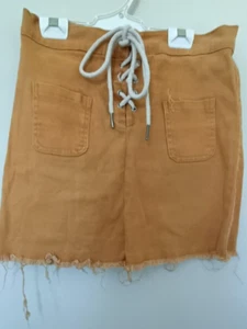 Denim Pocket Shoe String Lace Fly Distress Fray Raw Hem Mustard Short Skirt M - Picture 1 of 8