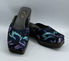 SALPY Größe 7 orientalische marineblaue Seide Brokat Plateau Slide Sandalen Schuhe handgefertigt