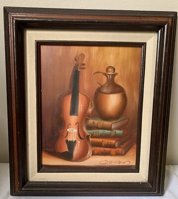 Vintage Still Life Oil Painting Signed Music Books Library Midcentury 15” x 13 - Image 1 of 4
