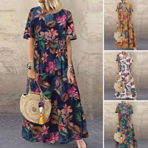 ZANZEA 8-24 Womens Short Sleeve Loose Waist Cocktial Bohemian Hippie Long Dress - Picture 1 of 16