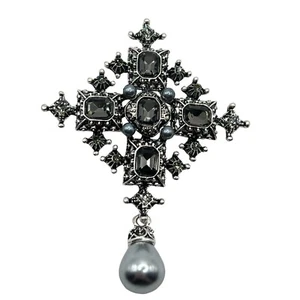 CROSS DANGLE BROOCH Pin Smokey Rhinestone Silver Costume Jewelry - Picture 1 of 6