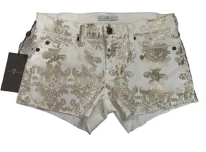 NWT 7 For All Mankind Women’s Size 25 Frayed Hem Denim Short White Gold Printed - Picture 1 of 10