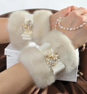 Polsini visone con perle pelliccia polsini visone cuffs giacca pelliccia visone fur - Foto 1 di 7
