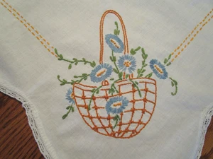 Vintage Hand Embroidered Baskets Blue Flowers Table Topper Overlay-29 x 34 - Picture 1 of 4