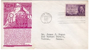 1947 FDC 946 Joseph Pulitzer Birth Centennial, C. Stephen Anderson violet cachet - Picture 1 of 1