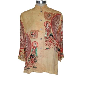 CITRON Santa Monica Woman's  Blouse 100% Silk Sz S Chinese Print Mandarin Collar - Picture 1 of 10