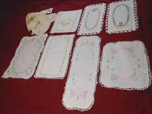 Lot of 8 Vintage Table Dollies Scarves Hand Embroidered Cotton & Linen - Picture 1 of 18
