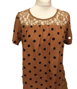 ATMOSPHERE Blouse Top U.K. 12 Brown, Polka Dot, Lace Trim T2117 - Picture 1 of 5