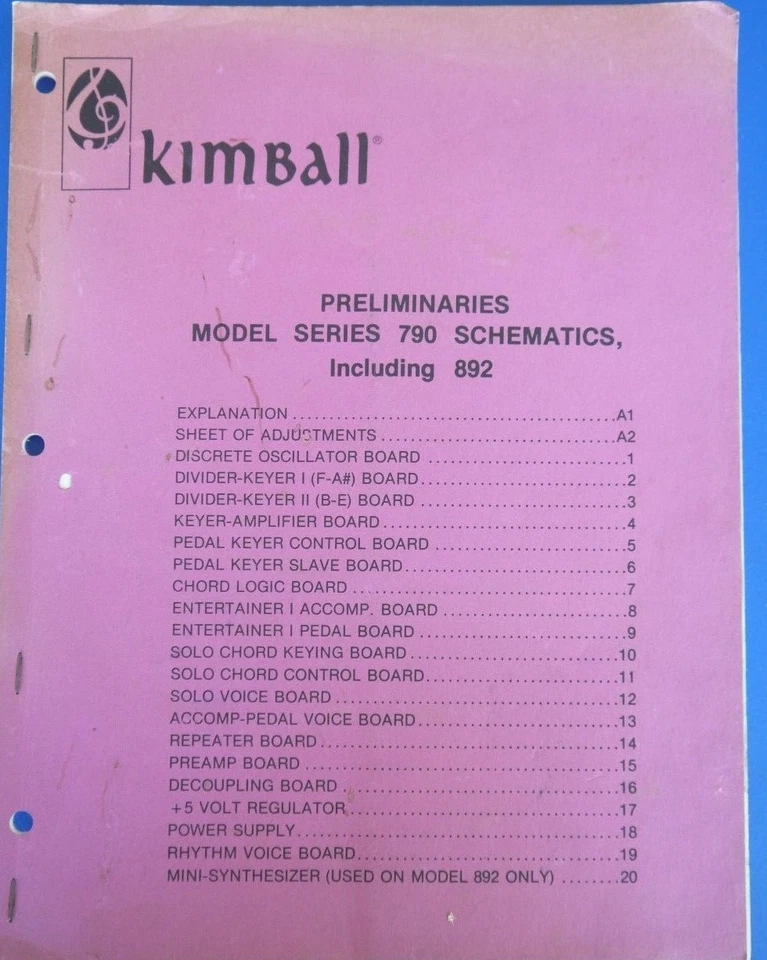 Kimball Preliminaries Model series 790 Schematics including 892 Manual - Image 1 of 1