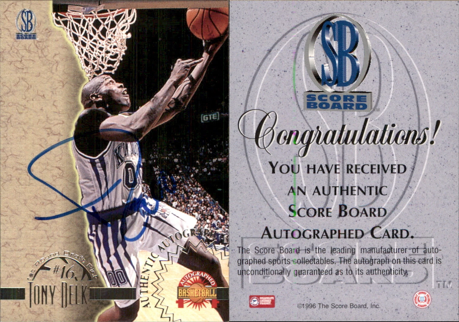 Tony Delk Signed 1996 Score Board Autographed #NNO Card Kentucky Wildcats