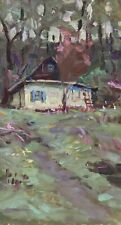 Original oil canvas on cardboard painting, Village, Country Landscape, Summer